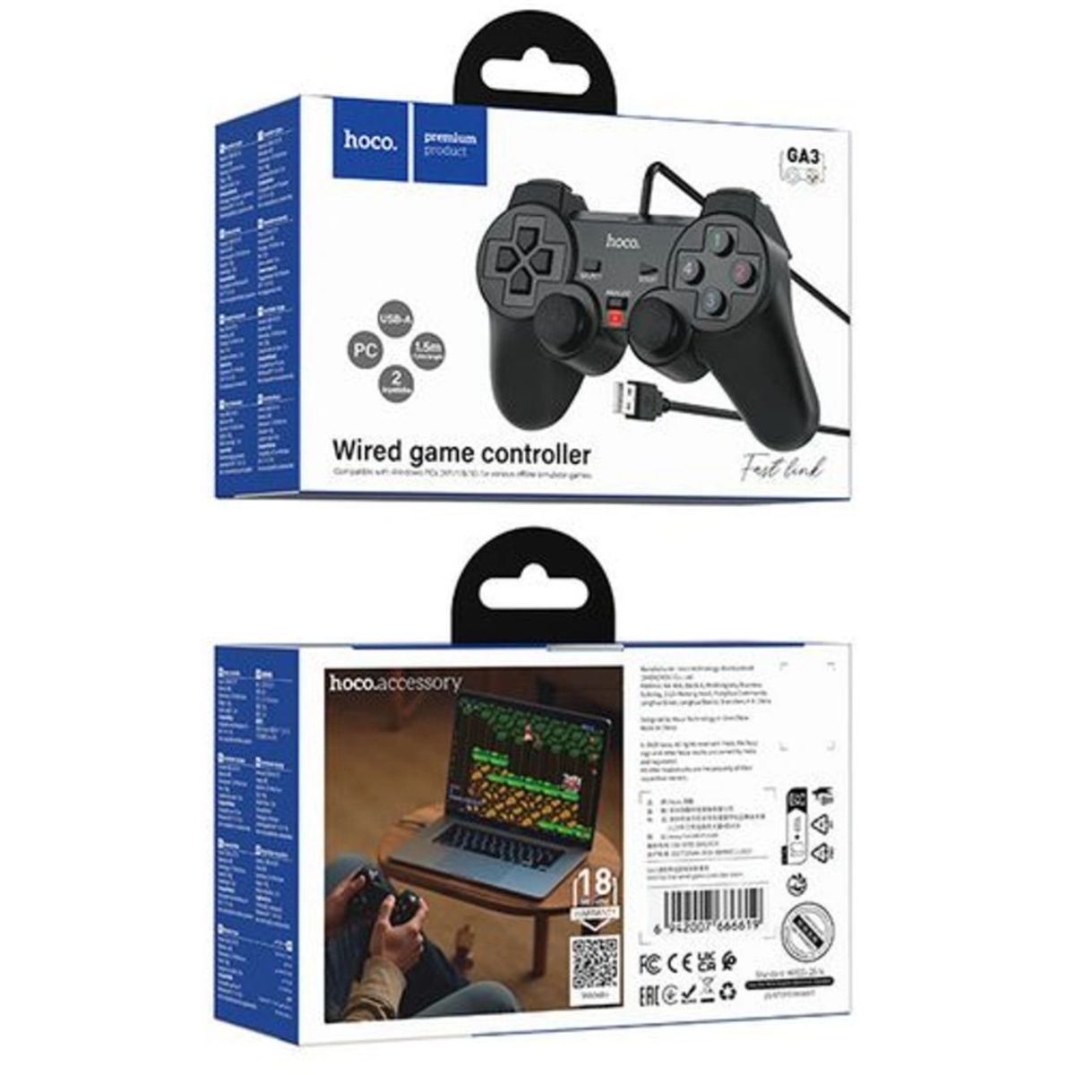 HOCO GA3 Wired USB Game Controller for PC – Dual Analogue Gamepad with Vibration
