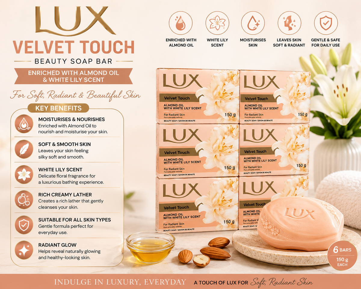 Lux Velvet Touch Beauty Soap Bar 150g x 6 Pack with Almond Oil & White Lily Scent – Moisturising Creamy Bath Soap for Soft & Radiant Skin