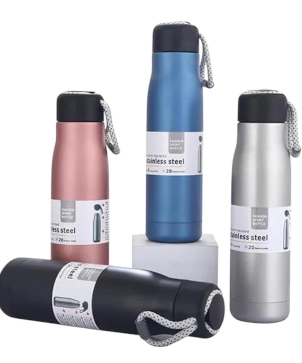 550ml Stainless Steel Vacuum Insulated Water Bottle with Strap | Double Wall Leakproof Flask | BPA Free Travel Bottle - Black
