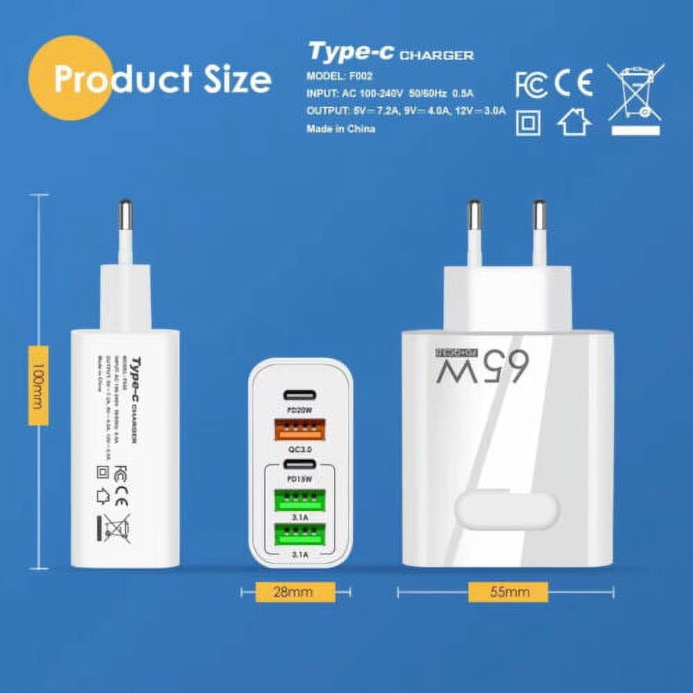 65W Fast USB-C PD Charger Adapter with 2 USB-C & 3 USB Ports | QC 3.0 Multi-Port Wall Charger - White
