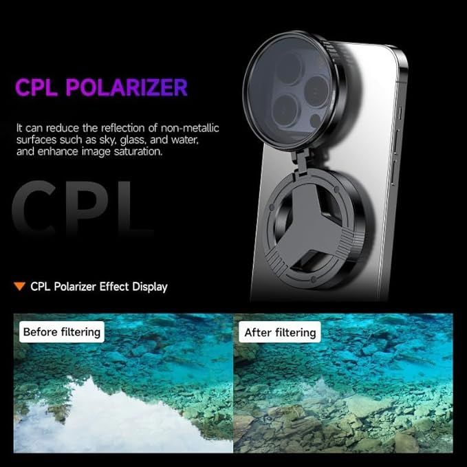 52mm CPL Polarizing Filter for Phone Camera | HD Multi-Coated Optical Lens for Smartphones, Reduce Reflections & Enhance Colors - Black