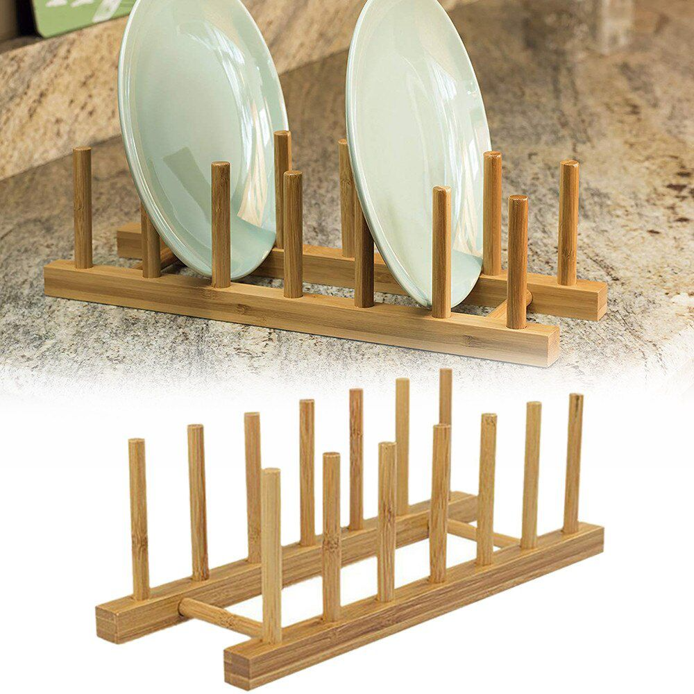Bamboo Dish Drying Rack & Plate Drainboard Holder – Foldable Kitchen Dish Drainer and Pot Lid Organizer by Ten-Tech