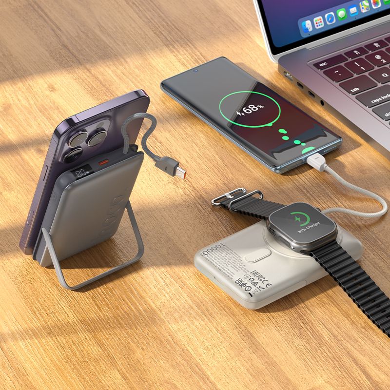 HOCO Q43 10000mAh Magnetic Wireless Power Bank with Built-in USB-C Cable, 20W PD Fast Charging & LED Display