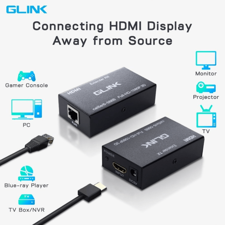 GLINK HDMI Extender Over Cat5e/Cat6 up to 60M | Full HD 1080P HDMI Extender Kit with Transmitter & Receiver | HDMI to RJ45 Signal Extension