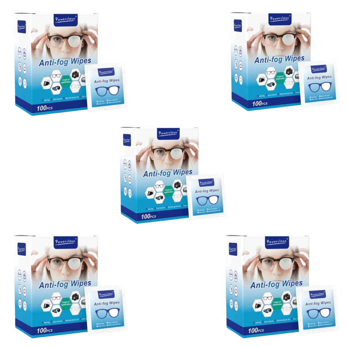 Powerclean Anti-Fog Lens Cleaning Wipes (100 Wipes × 5 Pack) | 500 Individually Wrapped Fog-Free Lens Cleaning Wipes for Glasses, Sunglasses, Camera Lenses, Phones, Laptops & Electronic Screens