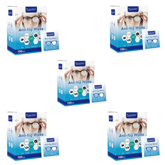 Powerclean Anti-Fog Lens Cleaning Wipes (100 Wipes × 5 Pack) | 500 Individually Wrapped Fog-Free Lens Cleaning Wipes for Glasses, Sunglasses, Camera Lenses, Phones, Laptops & Electronic Screens