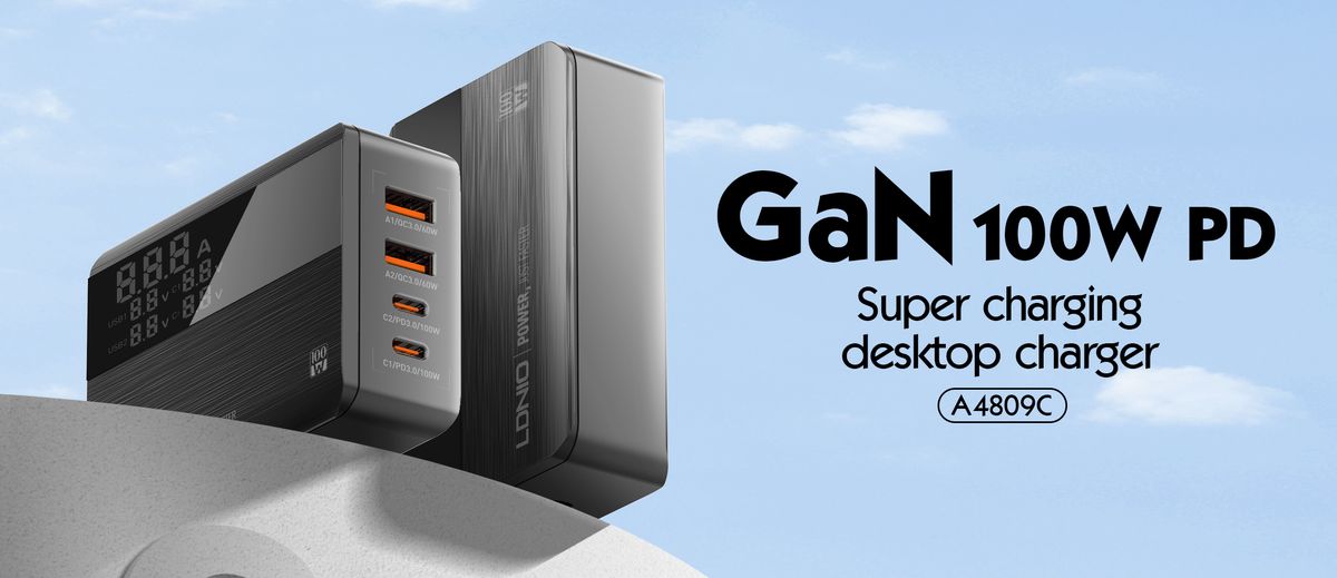 LDNIO A4809C 100W GaN Desktop Charger | 4-Port USB-C & USB-A Fast Charging Station with LED Display for Laptop, MacBook, iPhone & Android