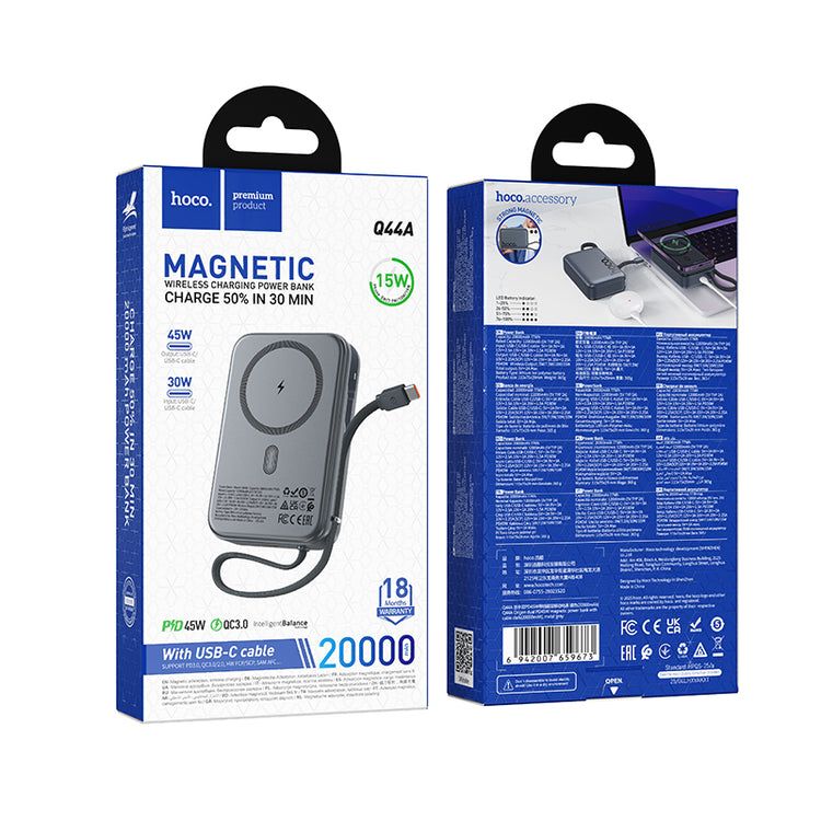 HOCO Q44A 20000mAh 45W Magnetic Wireless Power Bank | MagSafe Compatible | Built-in USB-C Cable | Qi Fast Charging