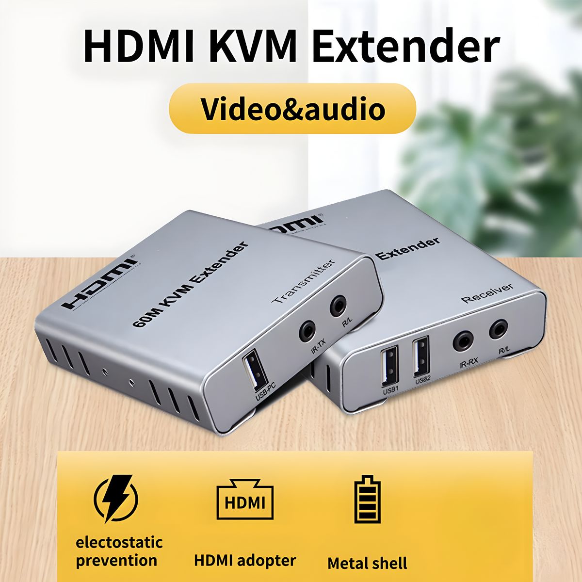 60M HDMI KVM Extender over CAT5e/CAT6 LAN | 1080P HDMI Extender with USB, IR & Audio Support