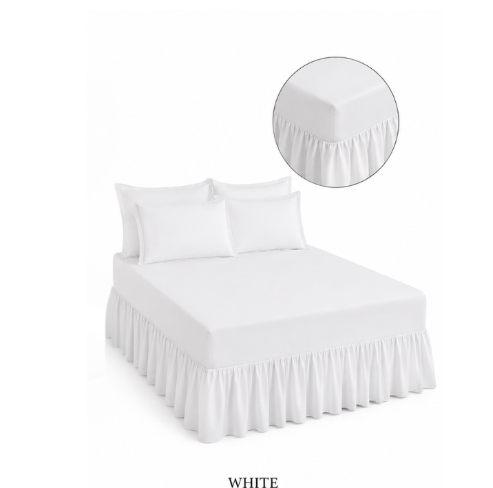 Queen Size Frilled Fitted Sheet Set with 4 Pillow Covers – Soft Ruffled Bed Sheet Set