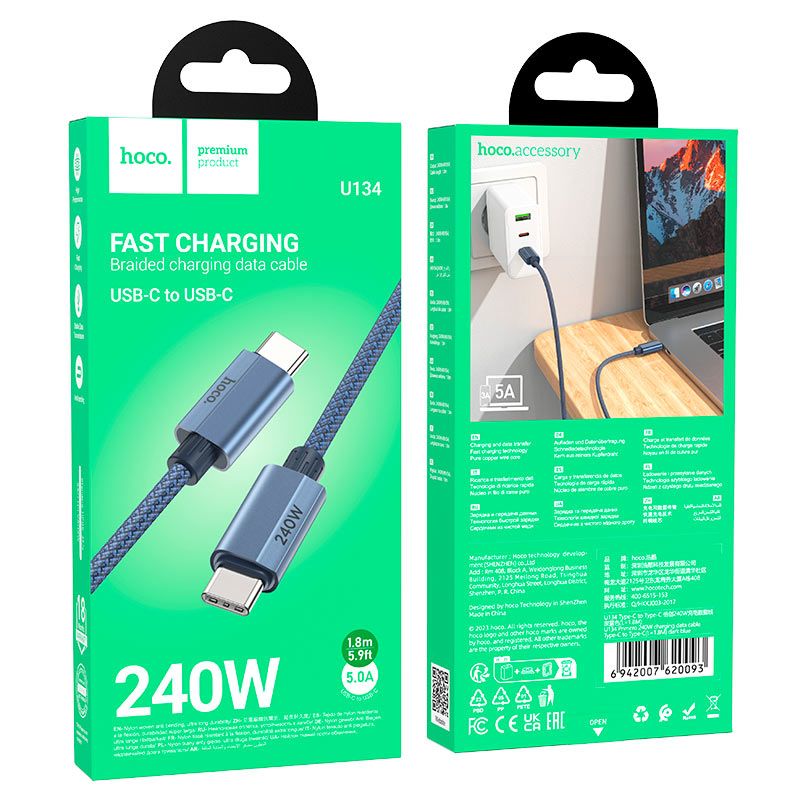 HOCO U134 USB-C to USB-C 240W PD 3.1 Fast Charging Cable 1.8M | Braided Data Sync Cable
