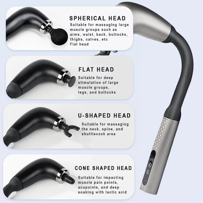 Deep Tissue Massage Gun 4-in-1 Rechargeable Muscle Massager with 4 Interchangeable Heads for Muscle Recovery & Pain Relief - Silver