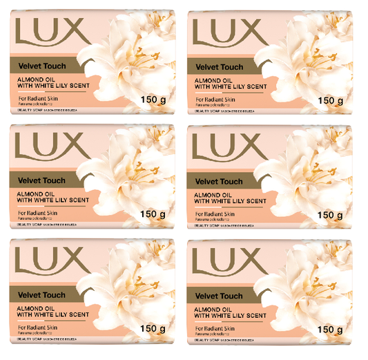 Lux Velvet Touch Beauty Soap Bar with Almond Oil & White Lily Scent 150g Pack of 6 | Soft & Radiant Skin
