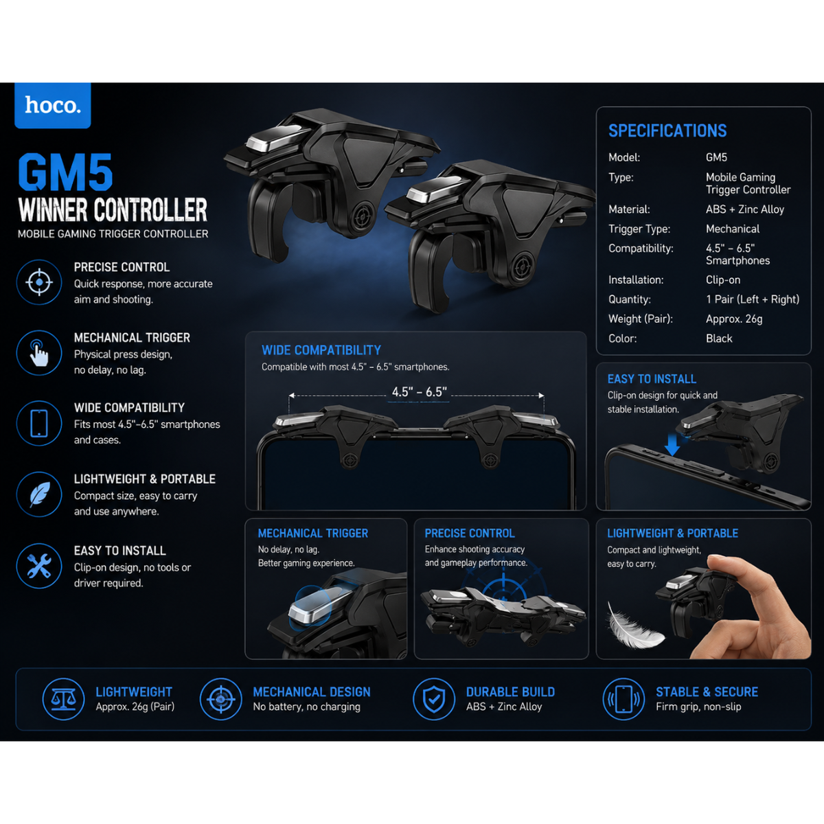 HOCO GM5 Mobile Gaming Triggers – Pair of PUBG & FPS Game Controllers for 4–7 Inch Phones