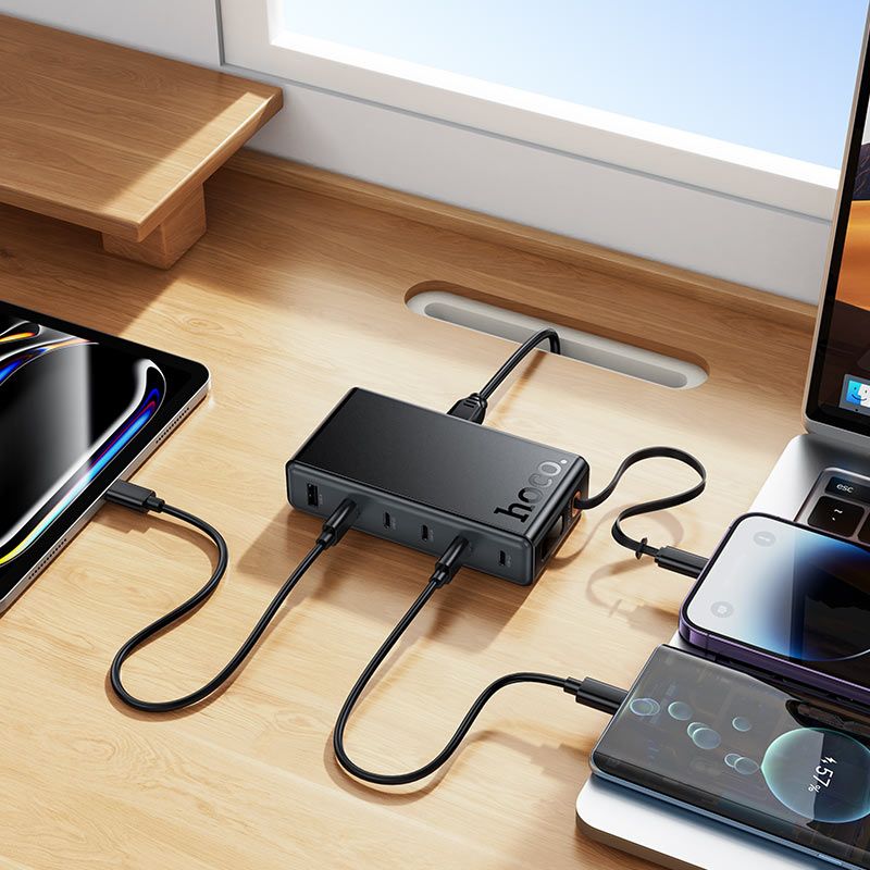 HOCO C151A 50W GaN 7-Port Desktop Fast Charger | Built-in USB-C Cable, 6 USB-C + 1 USB-A Charging Station