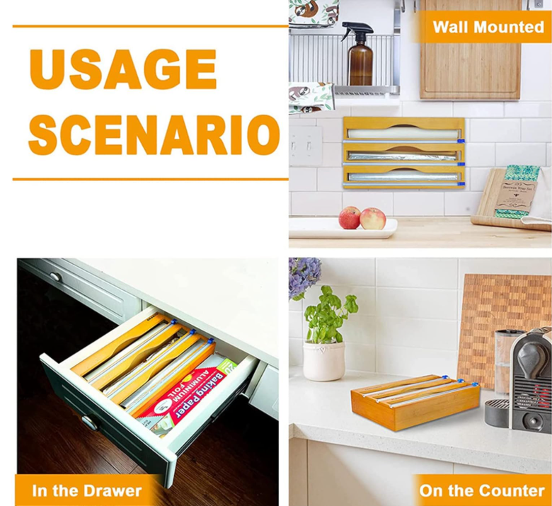 SamMag Biz 2-in-1 Bamboo Food Wrap Dispenser with Built-in Cutters | Plastic Wrap & Aluminum Foil Organizer