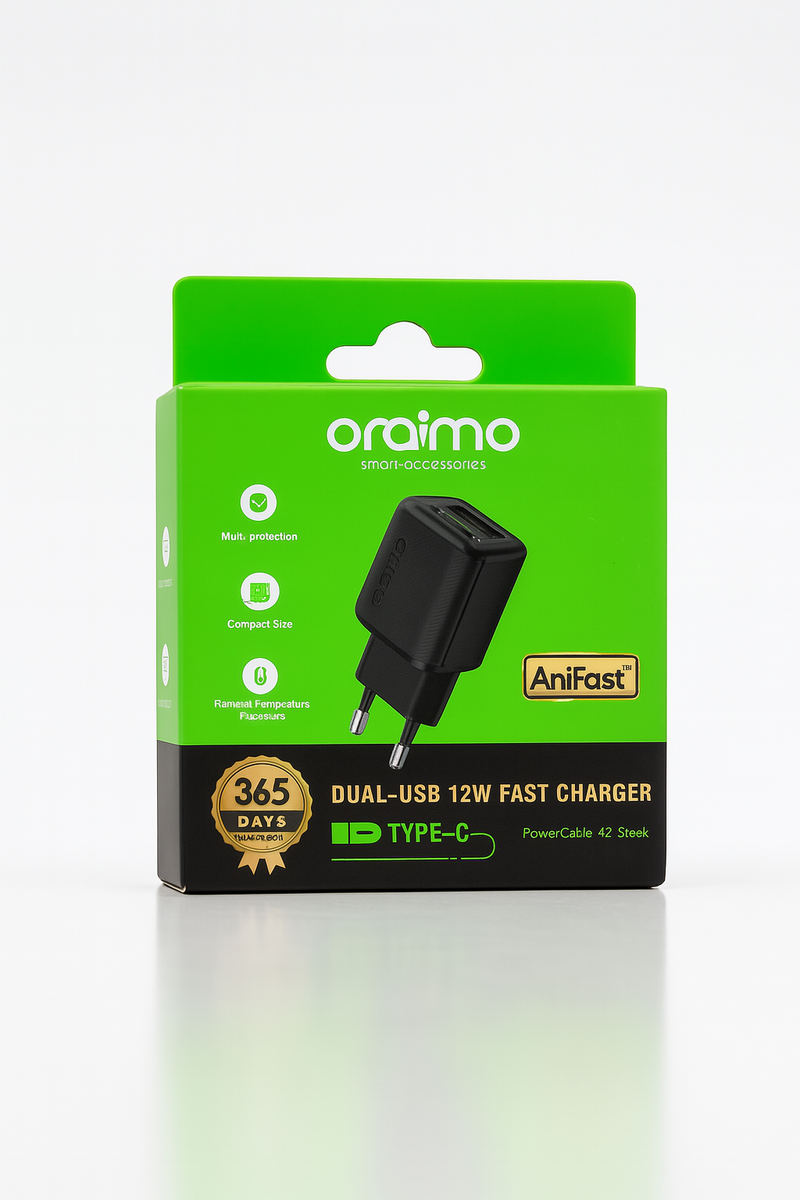 Oraimo OCW-1121EC 12W Dual USB Fast Charger with USB-A to USB-C Cable (1M) | EU Wall Charger