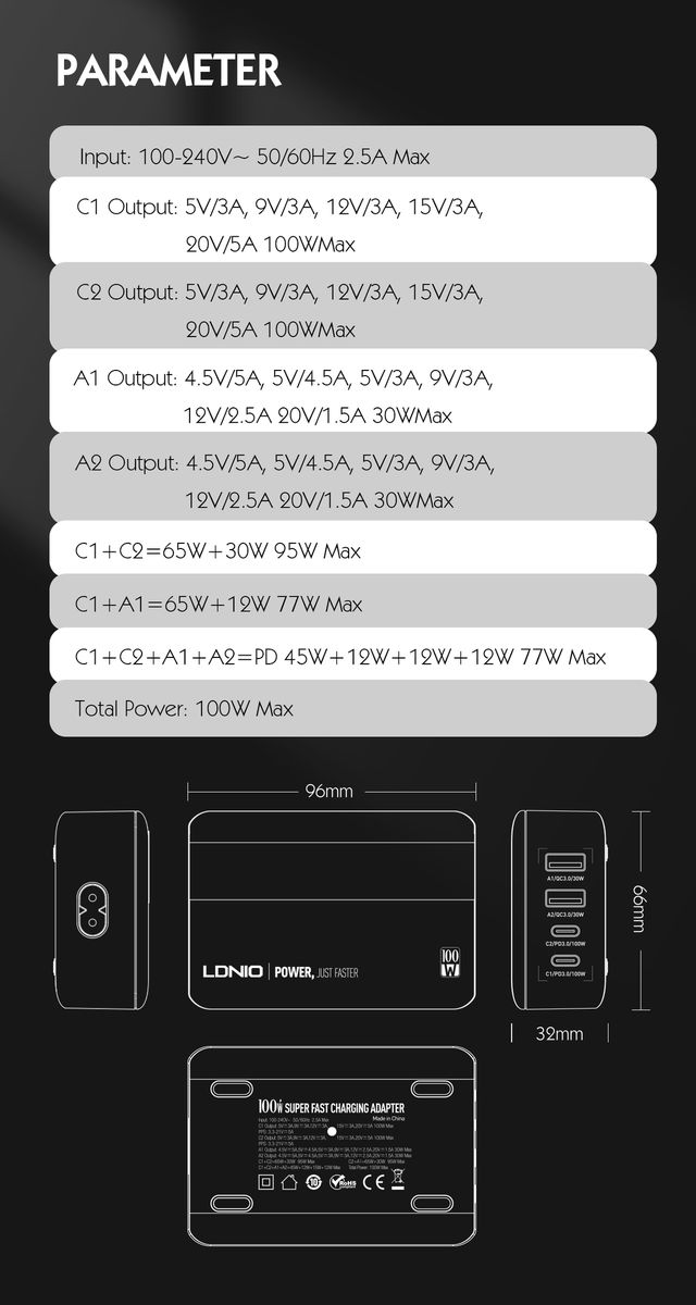 LDNIO A4808Q 100W Desktop GaN Fast Charger | 2 USB-C PD + 2 USB-A QC 3.0 Multi-Port Charging Station with LCD Display & 1.5M Power Cable