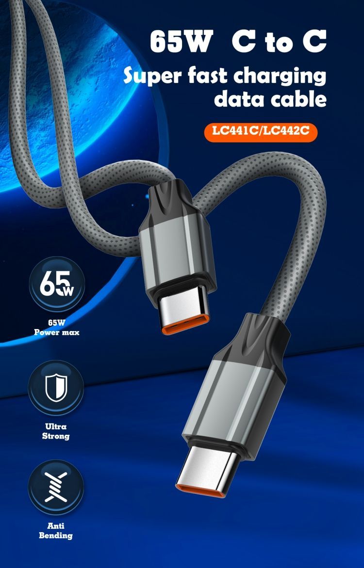 LDNIO 65W USB-C to USB-C Fast Charging Cable 2M | PD Type-C Laptop & MacBook Charging Data Cable - Grey