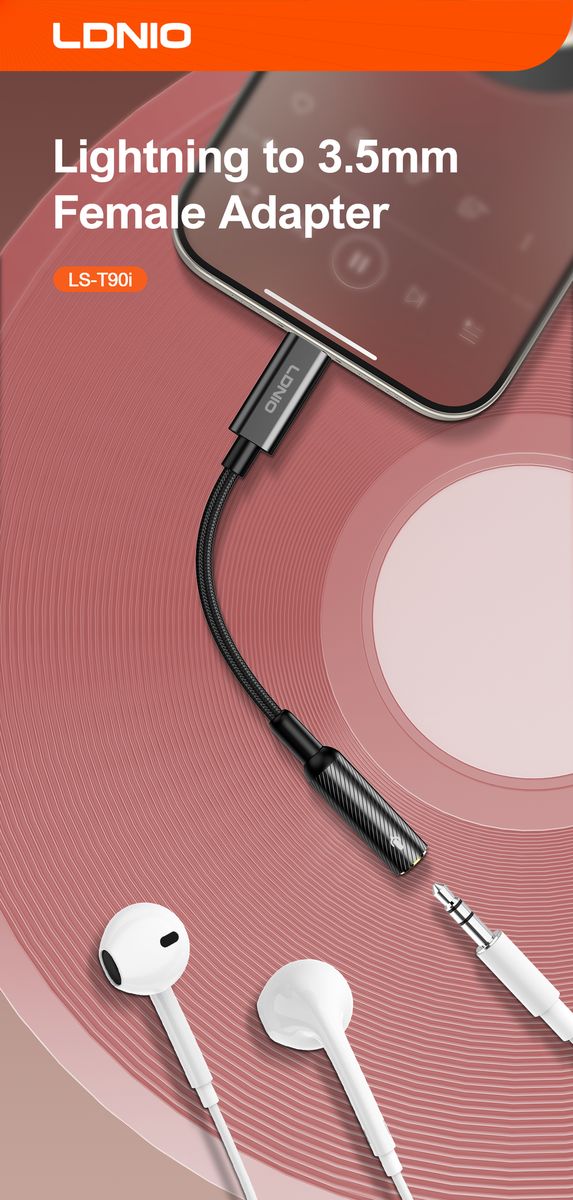 LDNIO LS-T90i Lightning to 3.5mm Audio Adapter Cable 130mm | Hi-Fi Headphone Jack Converter for iPhone & iPad