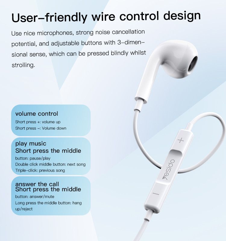 YESIDO YH39 Wired Earphones with Microphone – 3.5mm In-Ear Heavy Bass Stereo Headset with Remote Control, White