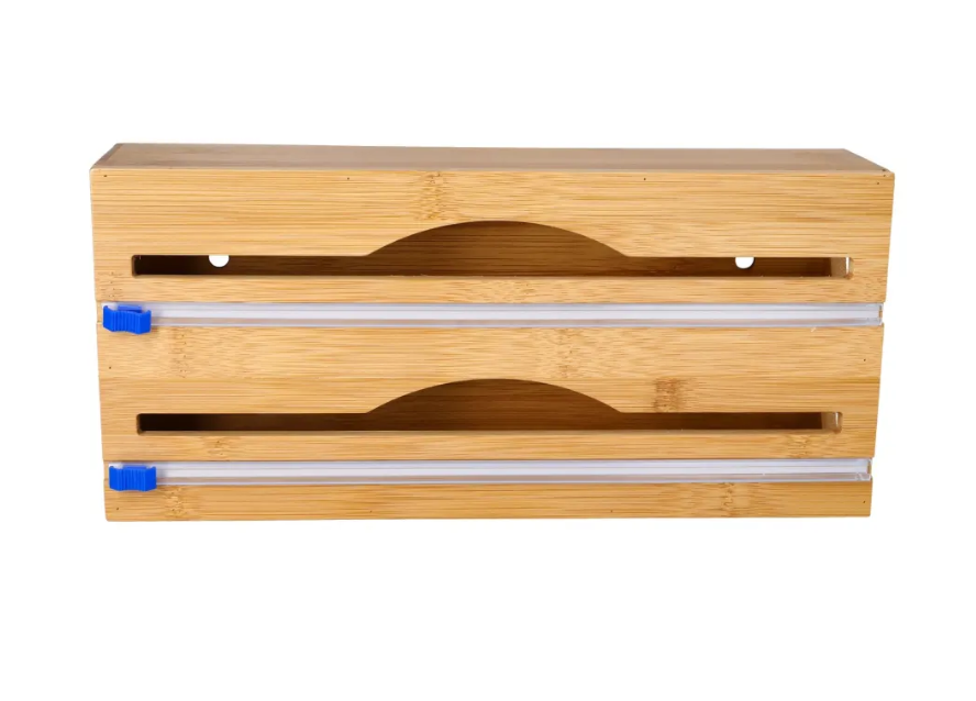SamMag Biz 2-in-1 Bamboo Food Wrap Dispenser with Built-in Cutters | Plastic Wrap & Aluminum Foil Organizer