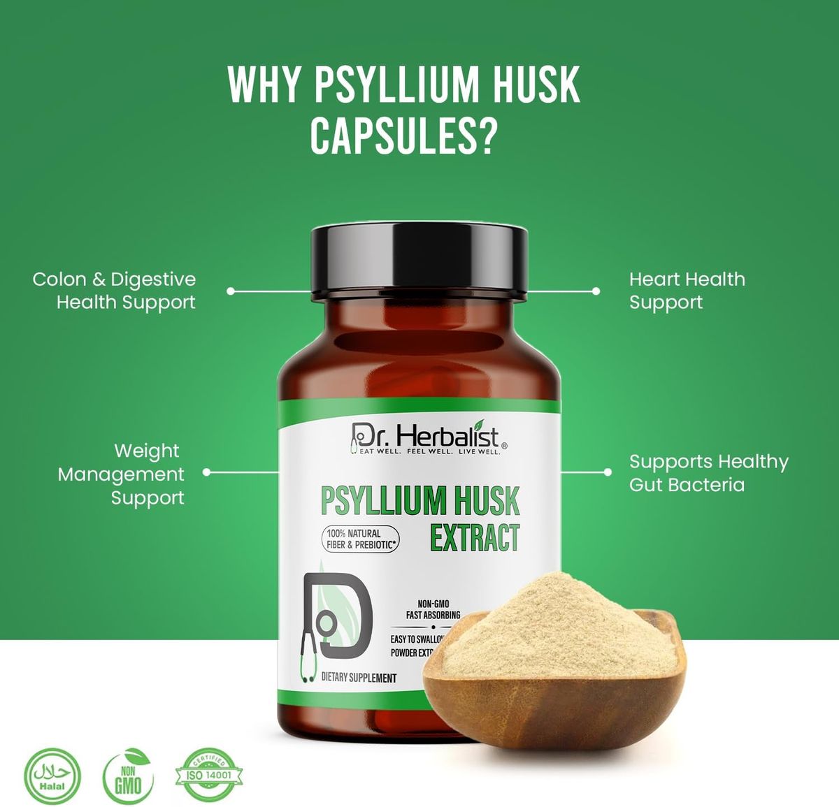 Dr Herbalist Psyllium Husk Extract Capsules 60 Count | Natural Fiber & Prebiotic Supplement | Vegetarian Capsules