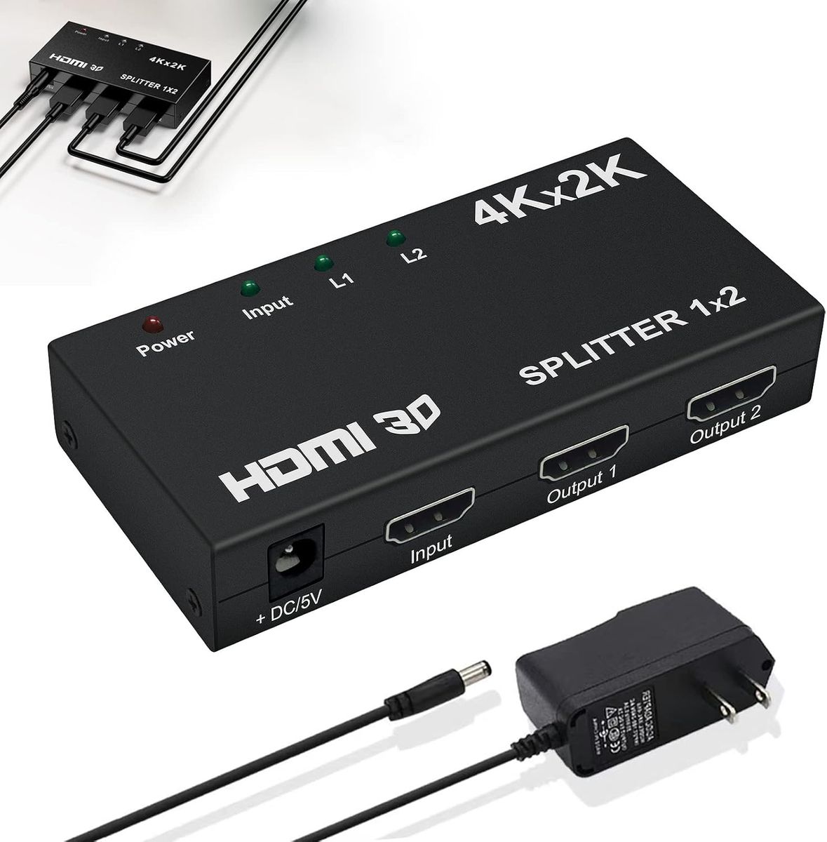 HDMI 4K 1x2 Splitter | 1 Input 2 Output HDMI Splitter Adapter | Ultra HD 4Kx2K Dual Display HDMI Signal Distributor | HDMI 1.4