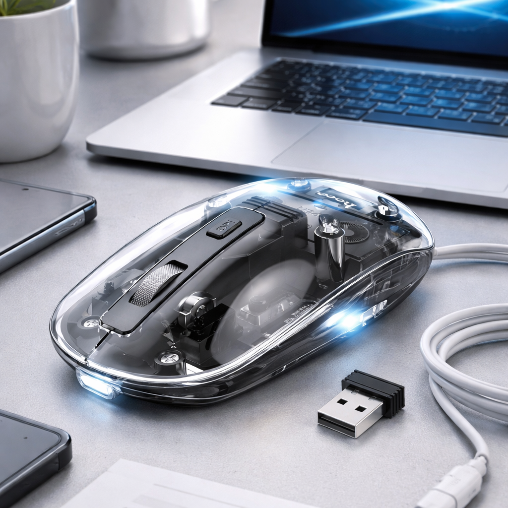 HOCO GM29 Transparent Wireless Mouse | Dual Mode Bluetooth 5.0 + 2.4G USB Optical Mouse with Adjustable DPI for Laptop, PC, Mac & Tablet