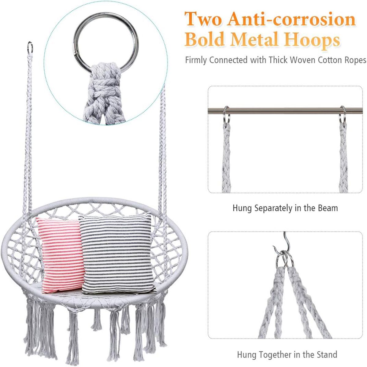 Handmade Cotton Rope Hanging Swing Chair for Adults & Kids | Boho Hammock Chair for Indoor & Outdoor Garden - Grey