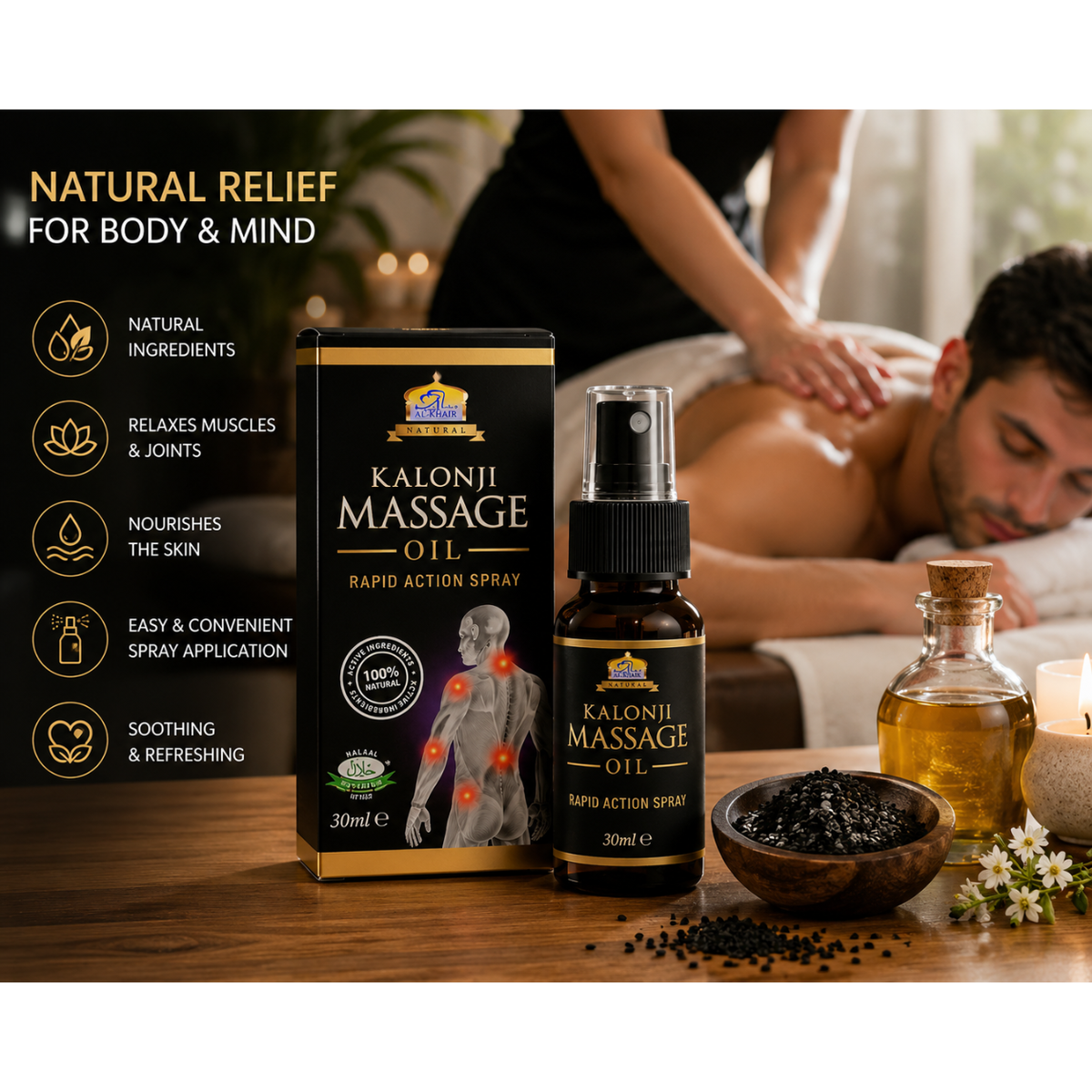 Al Khair Kalonji Massage Oil Rapid Action Spray 30ml – 100% Natural Black Seed Body Massage Oil