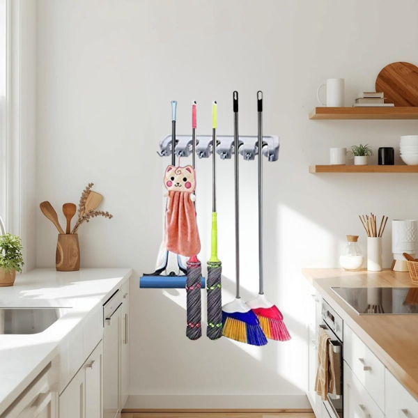 Wall Mounted Mop & Broom Holder Organizer – 5 Position with 6 Hooks | Heavy Duty Space Saving Storage Rack
