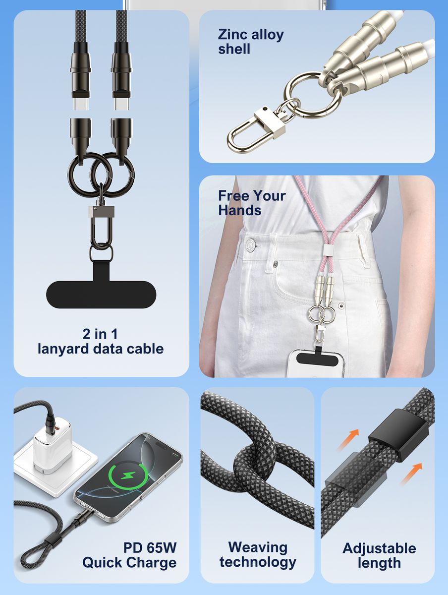 LDNIO LC22C 65W USB-C to USB-C Fast Charging Cable with Phone Lanyard Strap | 30cm Nylon Braided PD Data Cable