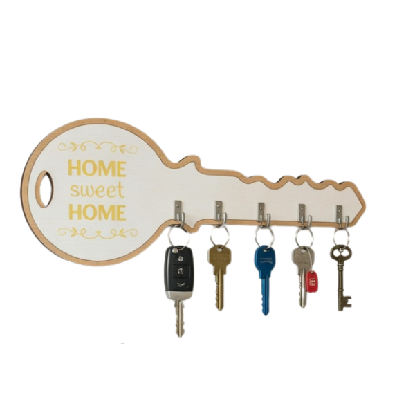 Wooden Key Shaped Wall Mounted Key Holder Rack with 5 Hooks – Decorative Home Sweet Home Organizer for Entryway & Living Room