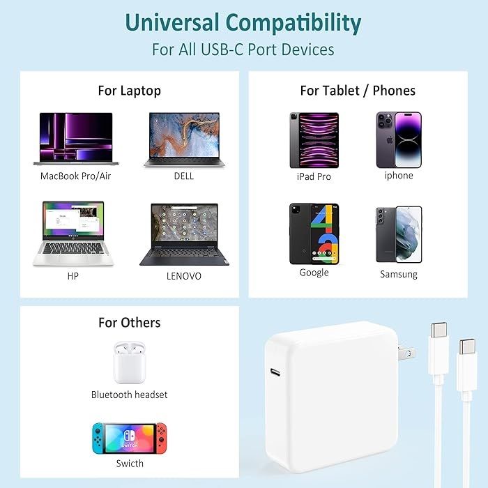 61W USB-C Laptop Charger for MacBook Pro & MacBook Air | Fast USB-C Power Adapter with 2M USB-C Cable