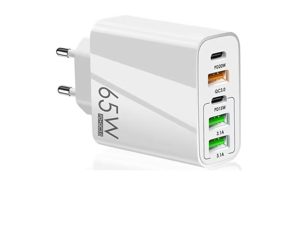65W Fast USB-C PD Charger Adapter with 2 USB-C & 3 USB Ports | QC 3.0 Multi-Port Wall Charger - White