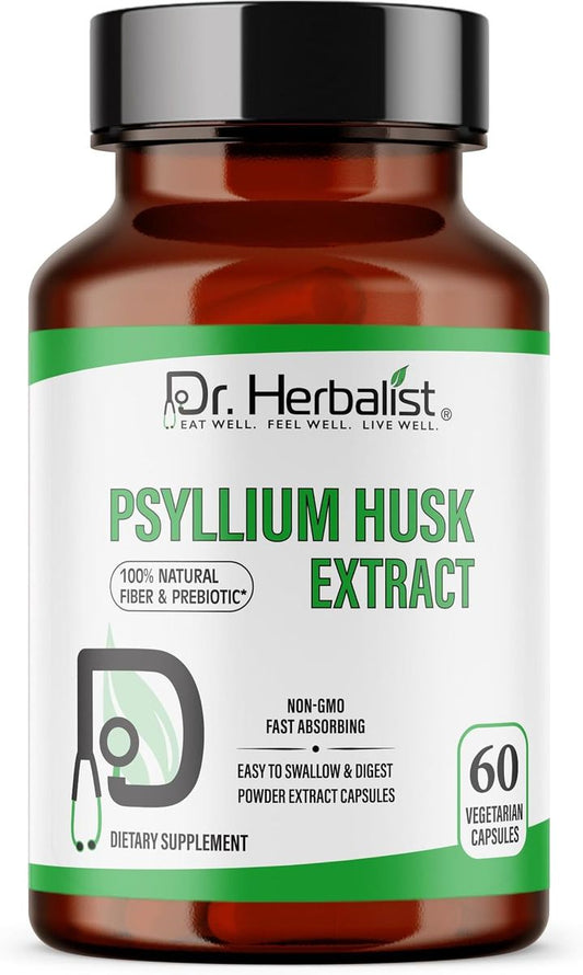 Dr Herbalist Psyllium Husk Extract Capsules 60 Count | Natural Fiber & Prebiotic Supplement | Vegetarian Capsules