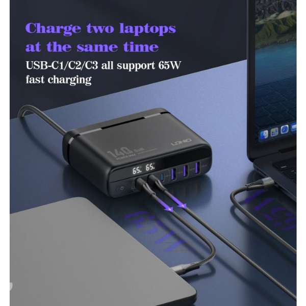 LDNIO A6140C 140W GaN Desktop Charger Station | 6-Port Fast Charger (3 USB-C + 3 USB-A) with LED Display