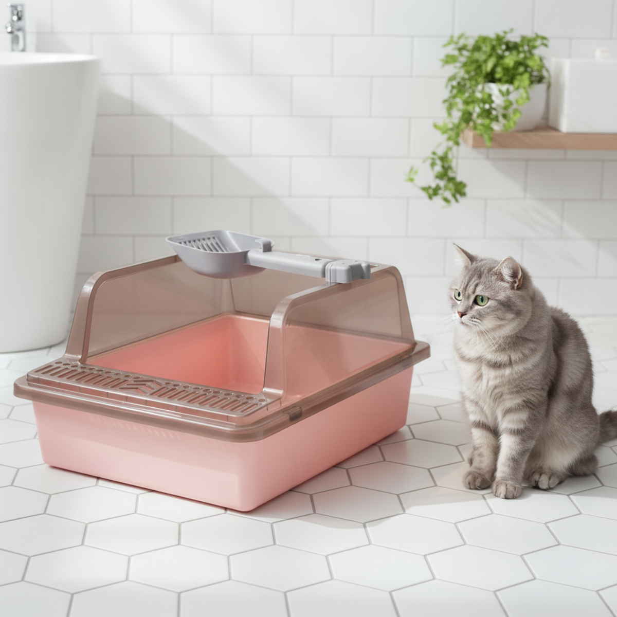 Enclosed Cat Litter Box with Scoop – Covered Kitty Toilet & Cat Litter Tray, Pink