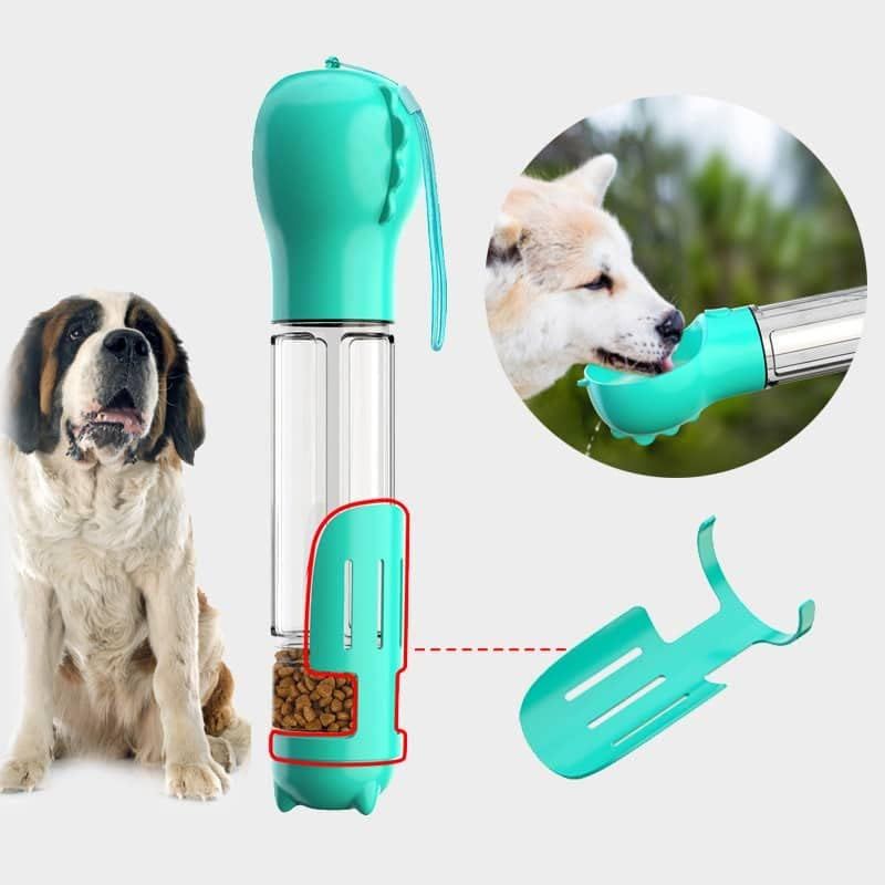 4-in-1 Portable Dog Water Bottle with Food Storage & Poop Bag Holder – Green Travel Pet Feeder