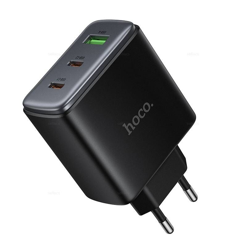 HOCO C160A 65W GaN Fast Charger | Dual USB-C PD + USB-A QC 3.0 Wall Charger (EU Plug, Black)