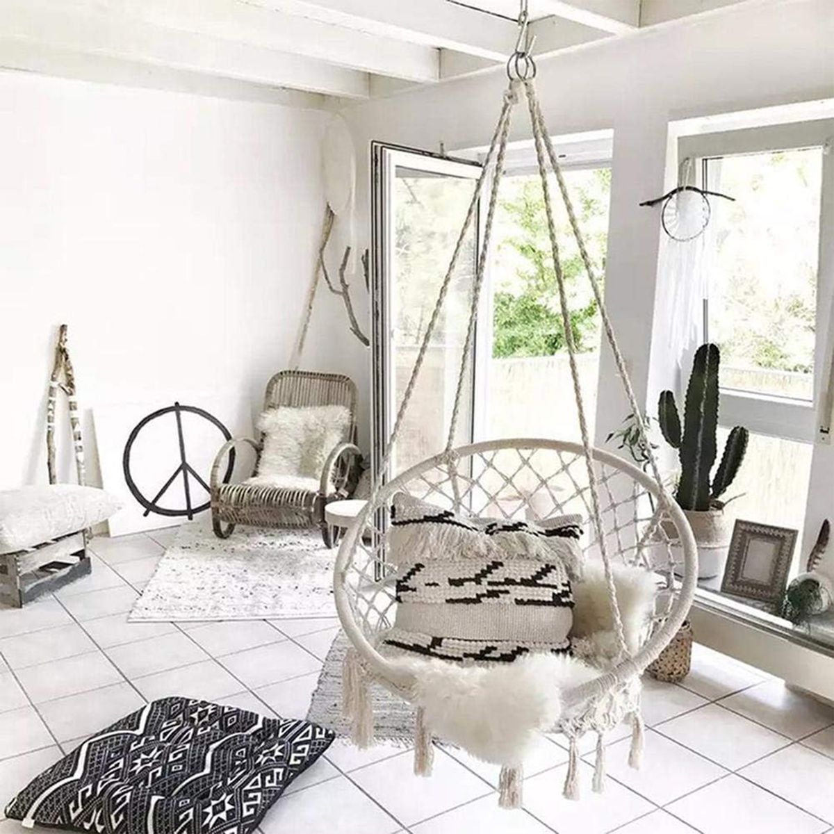 Handmade Cotton Rope Hanging Swing Chair for Adults & Kids | Boho Hammock Chair for Indoor & Outdoor Garden - Grey