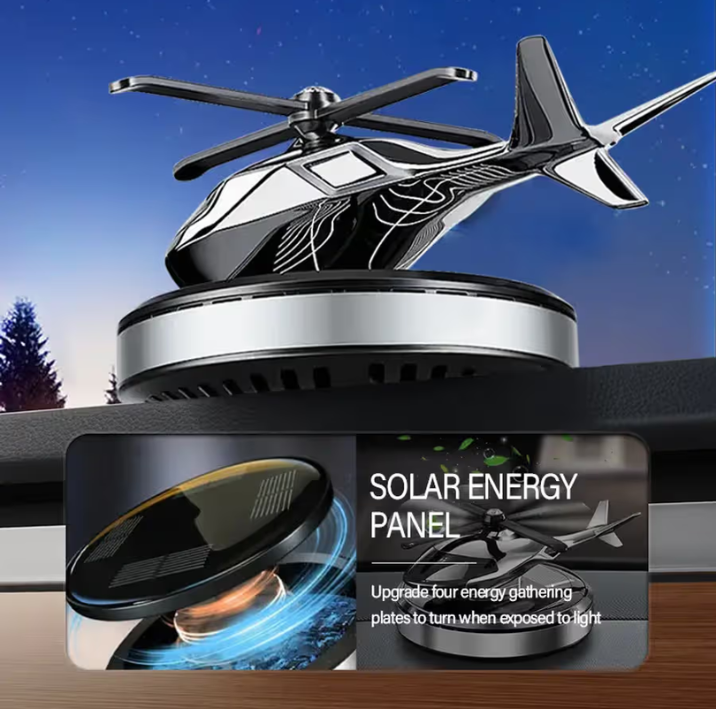 Solar Powered Helicopter Car Air Freshener – Rotating Aromatherapy Ornament, Silver