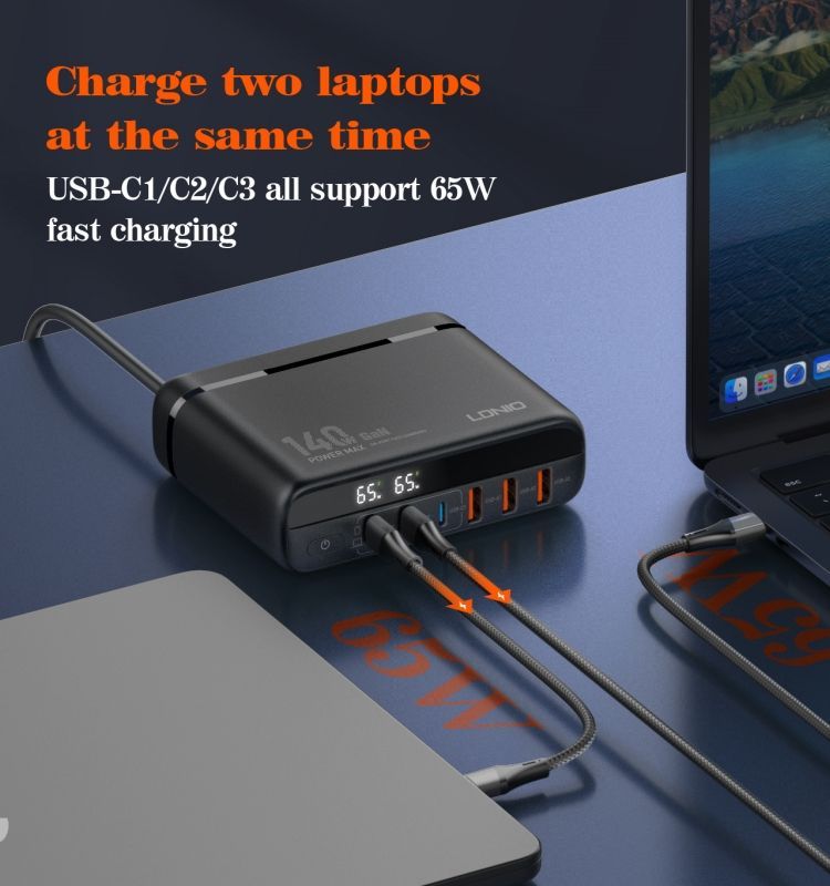 LDNIO A6140C 140W GaN Desktop Charging Station | 3 USB-C + 3 USB-A Fast Charger with LED Display & Universal Travel Plugs
