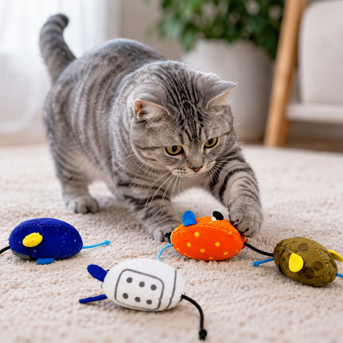 Interactive Cat Mouse Toys 4 Pack – Plush Mice with Tails for Indoor Cats, Satisfying & Interactive Play