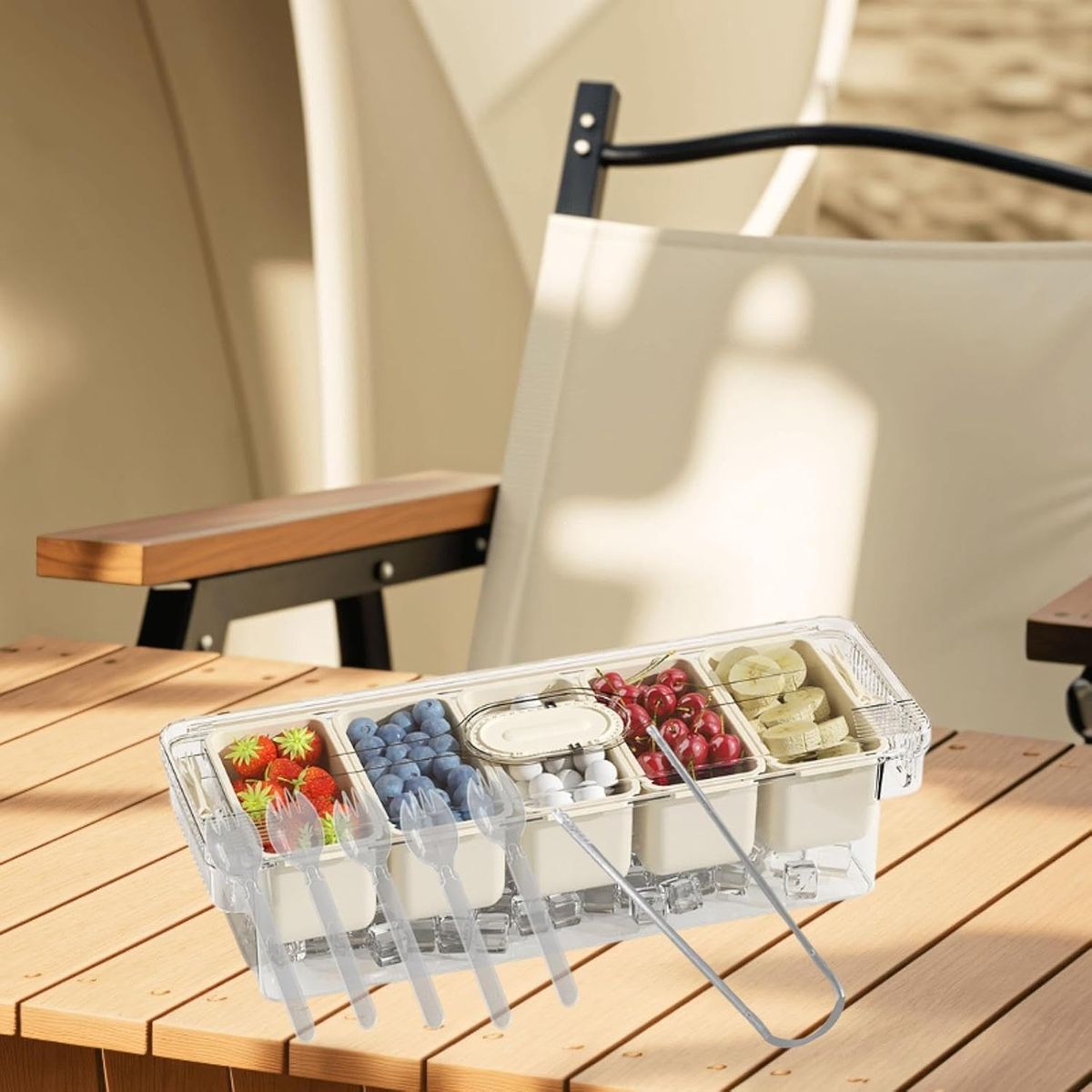 5 Grid Food Storage Container with Lid & Serving Tongs | Multi-Section Fruit, Snack & Dry Food Organizer Box