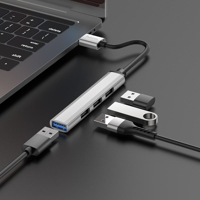 HOCO HB2 4-in-1 USB Hub | High-Speed USB 3.0 Hub with 1 USB 3.0 & 3 USB 2.0 Ports for Laptop, PC & Mac