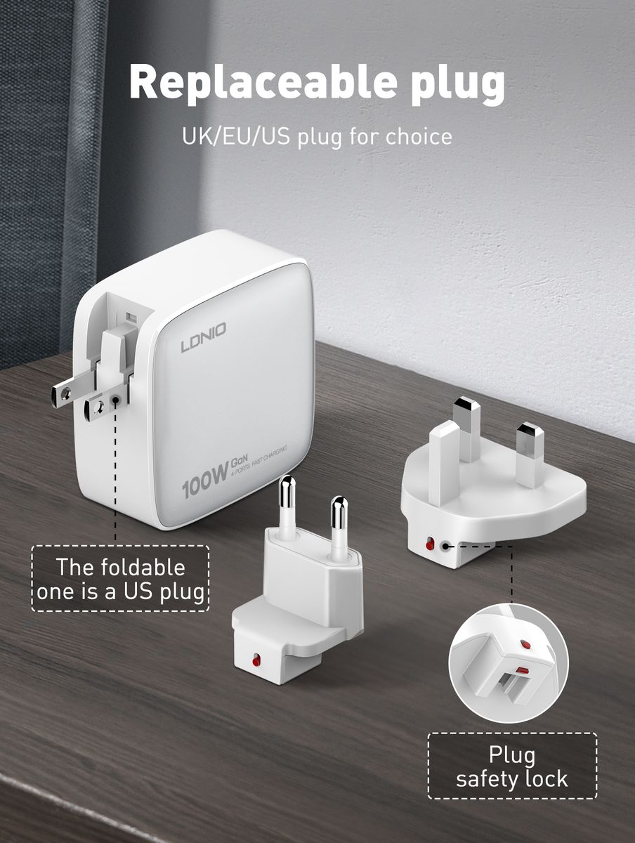 LDNIO Q408 100W GaN Fast Charger | 3 USB-C + 1 USB-A PD QC 4-Port Wall Charger