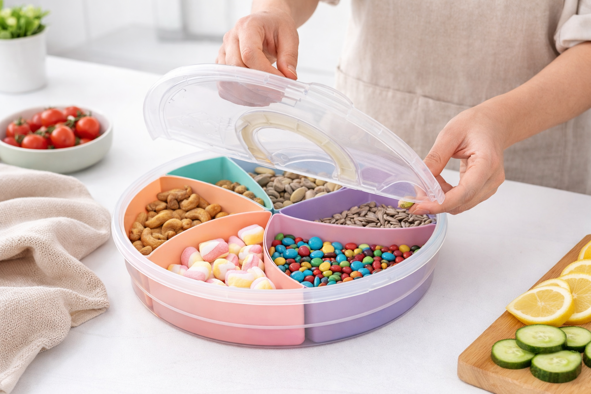Round 5 Compartment Snack Storage Container with Lid | Multi-Colour Sectional Food Organizer Box