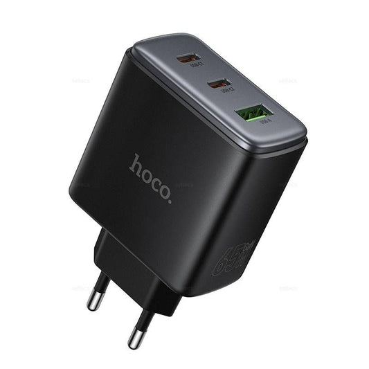 HOCO C160A 65W GaN Fast Charger | Dual USB-C PD + USB-A QC 3.0 Wall Charger (EU Plug, Black)